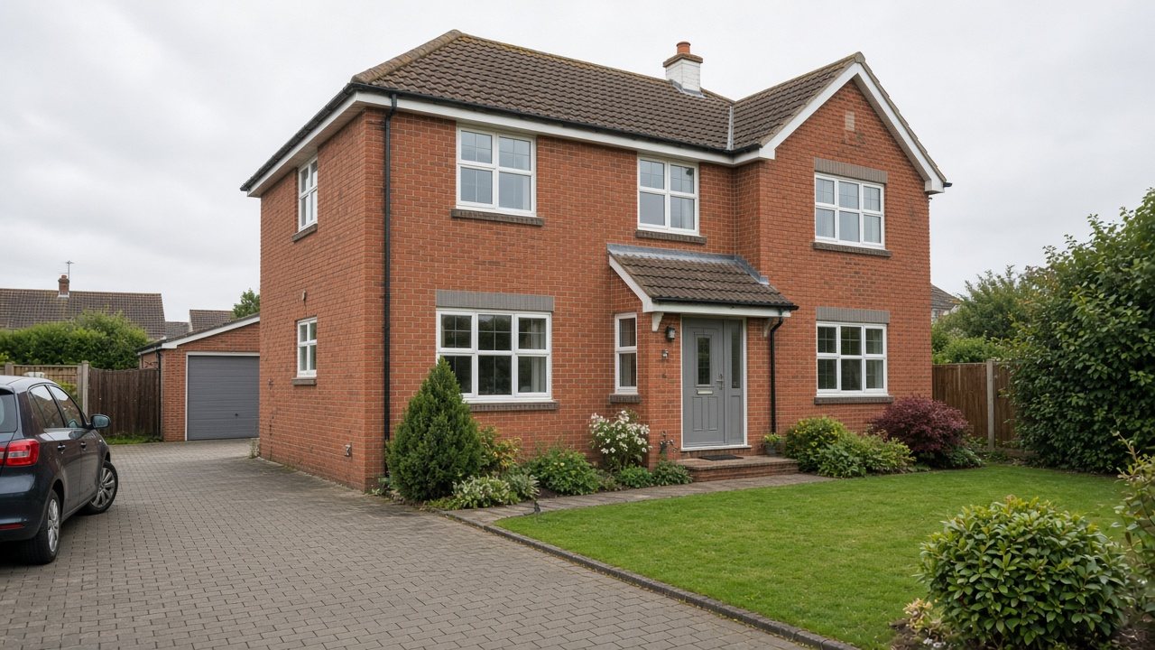 Detached red-brick family home with resprayed windows and front door