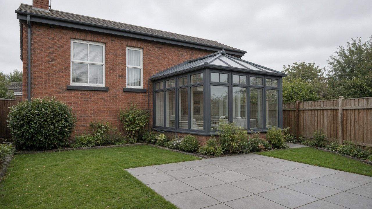 Brick house with an anthracite grey resprayed conservatory and patio