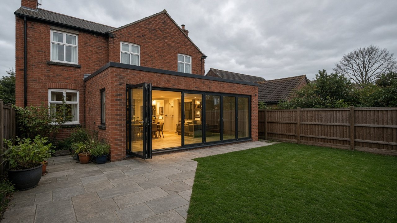 Rear of a red-brick house with a modern extension and black bi-fold doors