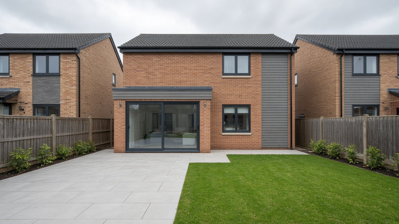 Modern brick new-build rear with black sliding patio doors and a new lawn