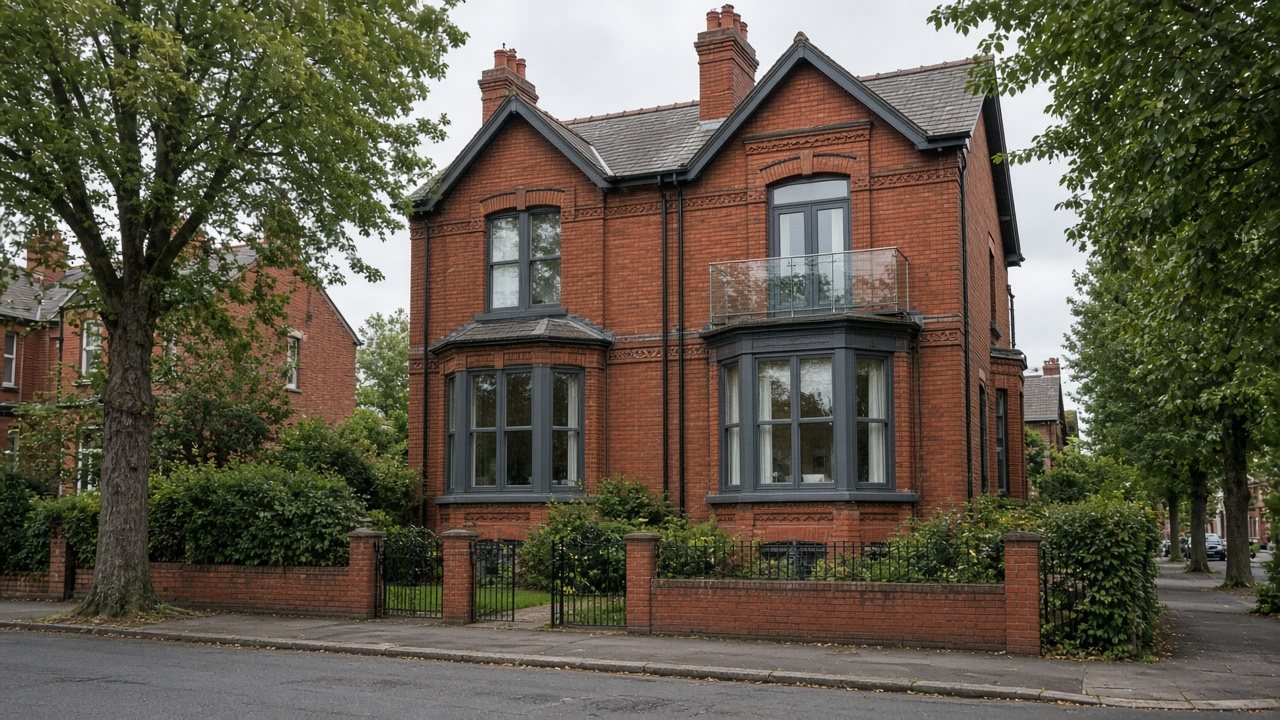 Victorian red-brick semi with a balcony and anthracite grey window frames