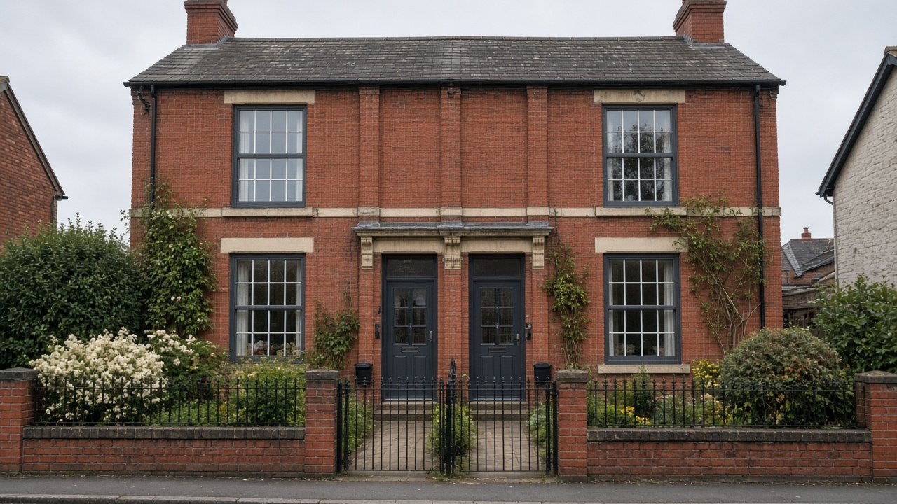 Victorian red-brick terrace with dark resprayed sash-style windows and doors