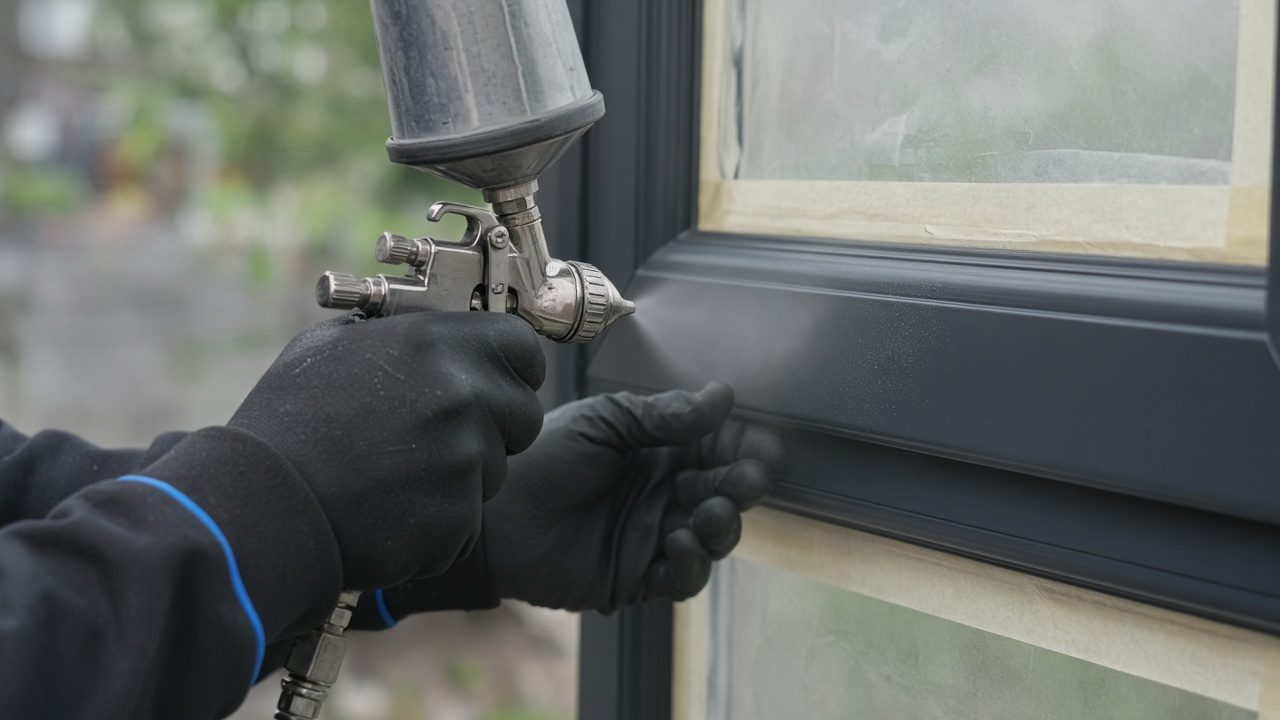 Close-up of gloved hands spraying a uPVC window frame grey